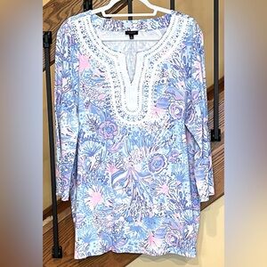 Talbots Embroidered Tunic Split Neckline Pastel Tropical 3/4 SleeveSZ. XL  Women